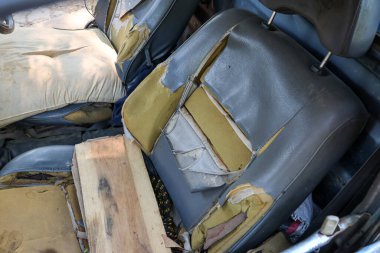 Eski araba koltuğu yırtılmıştı ve derisi soyuluyordu. İçindeki süngeri gösteriyordu..