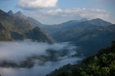 manzara güzel dağ kompleksleri güzel sabah sisi parlak dağ ve sisli arkaplan görüntüsü