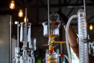 Seçici odak, berrak cam sürahi kahve suyunu bir sürahiye dolduruyor.