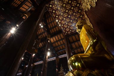 Tapınak binasındaki güzel altın renkli Tayland Buda heykelleri eski tapınak köşkündeki ışıklarla süslenmiştir. Metin için boşluk var