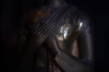 Tayland 'da bir tapınağın karanlığındaki pirinç sarısı Buda heykeli seçici bir odak noktası.