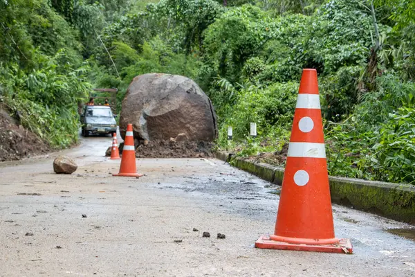 Yoldaki seçici turuncu kozalaklar dağdan dökülen büyük kayalar, yağmur mevsiminde yeşil bir ormanda kırsal beton bir yolu tıkıyor. Arabalar dar geçitten geçer.