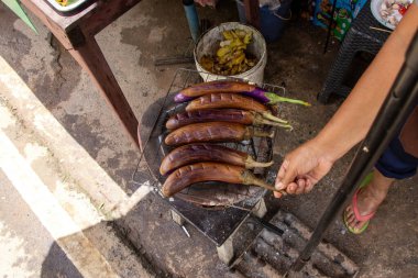 Kömür ızgarasında kızartılmış seçici odaklı mor patlıcan.