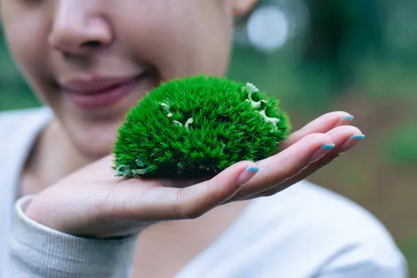 Selective focus moss ball in hands holding a green heart-shaped tree love nature save the world heal the world environmental preservation