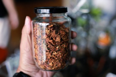 Seçici odak, kaliteli kurutulmuş yasemin çiçekleri cam bir kavanozda çiçekleri bitkisel çay dükkanında.