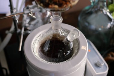 Seçici odak noktası cam kavanoz yuvarlak alt ısıtma mantosu aromatik kokulu bitkisel sıvı damıtma laboratuvarında.