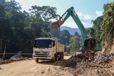 Beyaz bir kamyon yeşil bir kepçenin çevresi ormanla çevrili bir şantiyenin arkasına kum yüklemesini bekliyor..