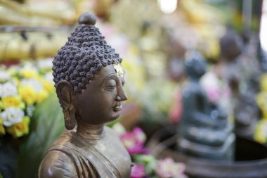 Huzurlu Buda heykeli profili, huzurlu ve huzurlu bir varlık tasvir ediyor. Eski bir heykel Budizm 'i, maneviyatı, kutsal tapınak ortamında meditasyonu, inancı ve inancı teşvik etmeyi temsil eder.