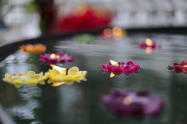 Huzurlu sahne meditasyon atmosferi sergiliyor. Süzülen mum, çiçek şekli ve renkli aydınlatma su yüzeyine yansıyan hafif parlayan ışıkla dingin güzelliği sunar.