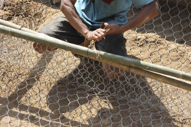 Çalışkan biri, işçi, dışarıya tel örgü örerek sağlam bambu çitler kuruyor. Dikkatli inşaat işçiliği özverili bir çaba gösteriyor, materyali büyük bir odakla güvence altına alıyor.