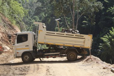 Güçlü damperli kamyon, zorlu, asfaltlanmamış toprak yol boyunca kaya malzemelerini taşır ve dik yamaçlara tırmanır. Ağır vasıta, canlı yeşil ormanın ortasında çalışarak ilerlemeyi simgeliyor.