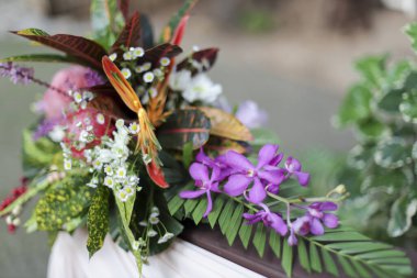 Egzotik çiçeklerle ve yemyeşil çiçeklerle dolu canlı bir çiçek aranjmanı neşe ve doğal güzelliği çağrıştırıyor. Kutlamalar için mükemmel.