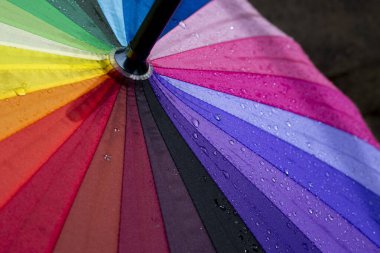 Parlak renkli gökkuşağı şemsiyesi ve sayısız parlayan yağmur damlası. Parlak renk spektrumu merkezden yayılarak yağmurlu bir günden sonra neşeli ve koruyucu bir gölgelik oluşturur.