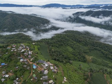 Serene aerial view of remote village on green mountain surrounded by breathtaking sea of clouds. tranquil landscape showcasing beauty of nature and remote living