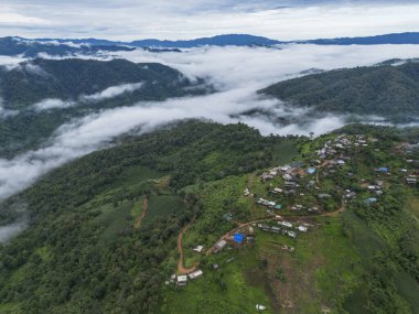 Serene aerial view of remote village on mountain surrounded by lush green forest. beautiful landscape with sea of cloud and fog covering scenic valley