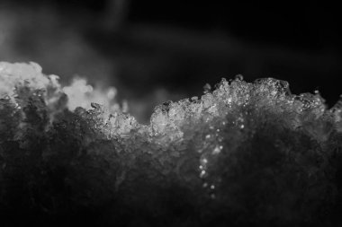 Delicate ice crystals showcase intricate frost texture. Cold winter macro captures frozen natural abstract patterns. Glistening surface details evoke sense of serene, chilly wonder