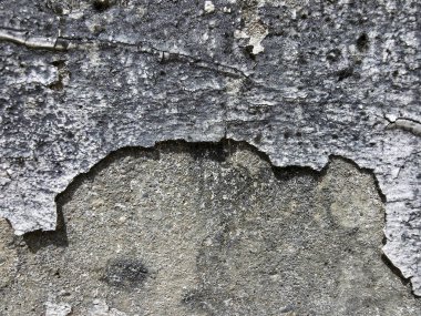 Soyulmuş beton duvarın soyut gri dokusu. Hasarlı, grunge yüzeyinin pürüzlü, yıpranmış deseni var, çürüme ve yaşlılık gösteriyor. Dışarıdaki bir sanayi binasının ayrıntıları