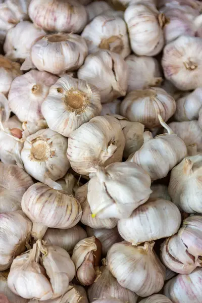 Pazar tezgahında taze sarımsak soğanları.