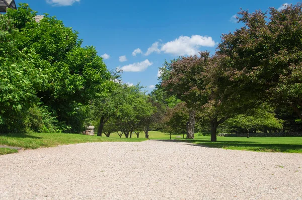 a long stone driveway lined with fruit trees at topsmead state forest park on a sunny summer day in Litchfield Connecticut.