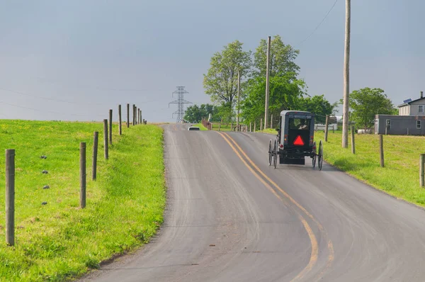 Cheval Amish Tiré Une Calèche Sur Une Route Rurale Travers Photos De Stock Libres De Droits
