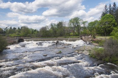 Güneşli bir günde Yarmouth Maine 'deki SparHawk Mill yakınlarındaki kraliyet nehri..