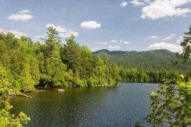Güneşli bir günde Wilmington New York 'ta Copperas Pond yaz manzarası.