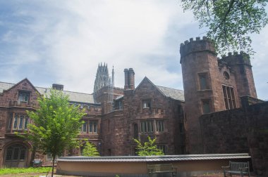Güneşli bir yaz gününde New Haven Connecticut 'taki Yale Üniversitesi' nde tarihi gotik binalar..