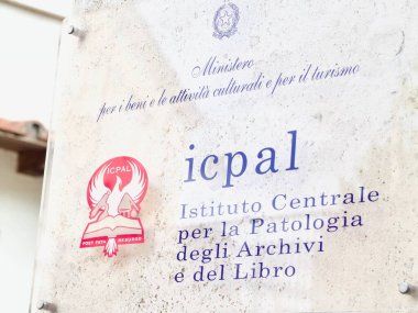 Roma, İtalya - 18 Mayıs 2022: Patoloji başına Istituto merkezinin imzası degli arşivi e del libro ICPAL, İtalya Kütüphanenin restorasyonu, korunması ve korunması ve arşivsel materyal