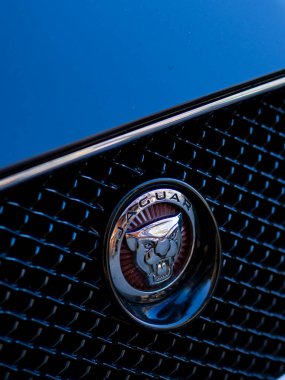 Berlin, Almanya - 28 Şubat 2022 Jaguar amblemi. Jaguar, İngiliz çok uluslu araba üreticisi Jaguar Land Rover 'ın lüks bir markasıdır.