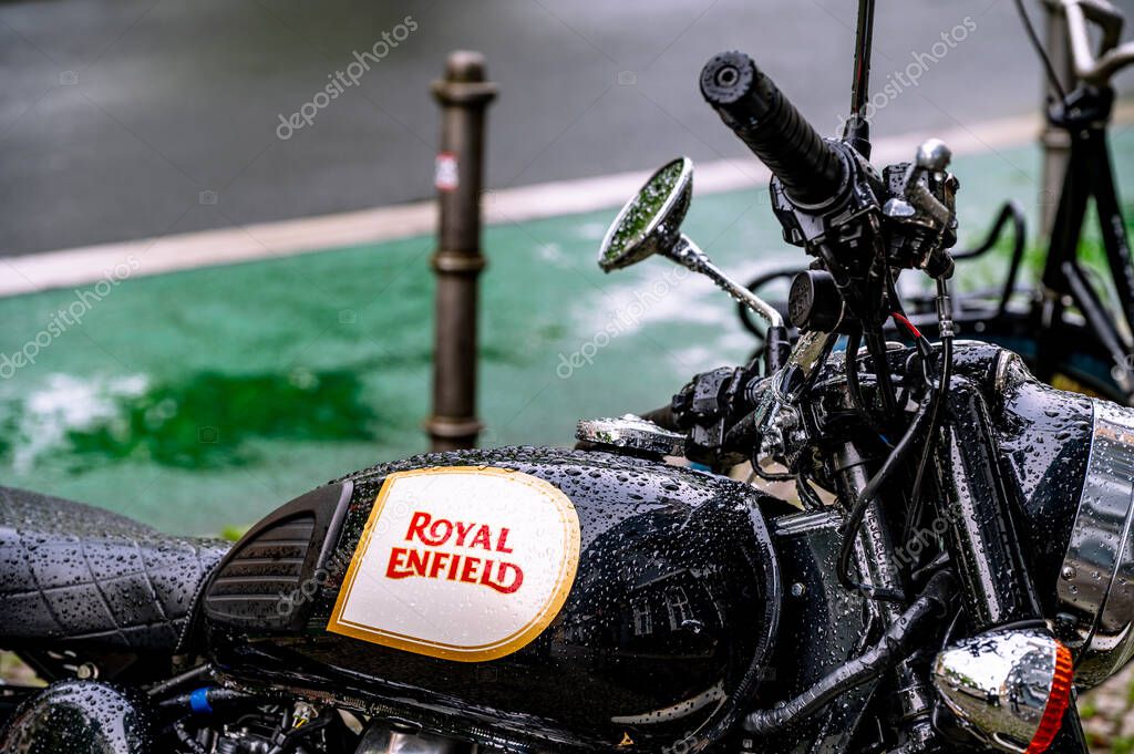 Rome, Italy - April 23 2025: Royal Enfield motorbike. Originally a British motorcycle company, Royal Enfield is an Indian motorcycle manufacturing company