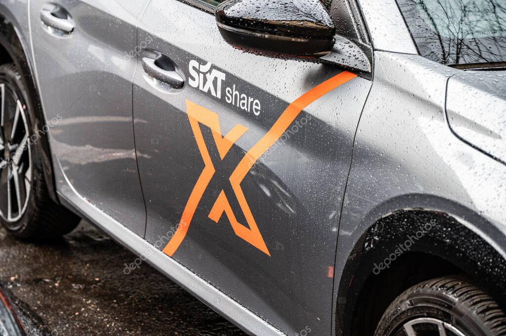 Rome, Italy - April 23, 2025: Logo of SIXT share carsharing service. Founded in 1912, Sixt SE is an European multinational car rental company with about 2,000 locations in over 100 countries