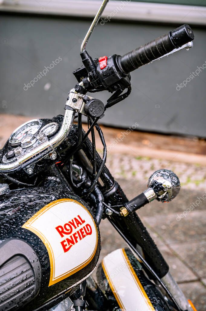 Rome, Italy - April 23 2025: Royal Enfield motorbike. Originally a British motorcycle company, Royal Enfield is an Indian motorcycle manufacturing company