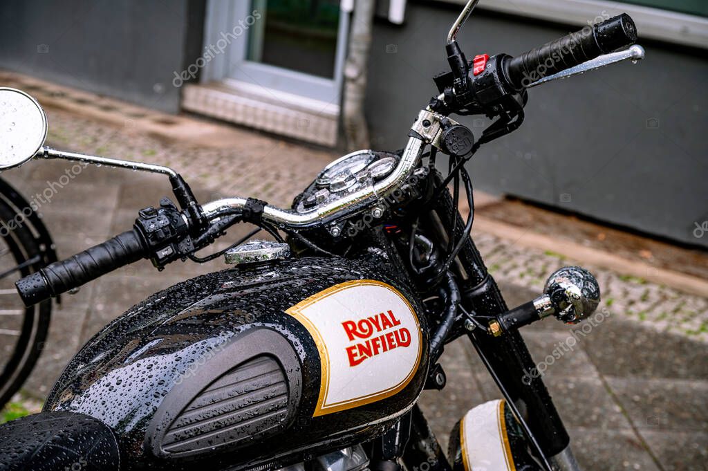 Rome, Italy - April 23 2025: Royal Enfield motorbike. Originally a British motorcycle company, Royal Enfield is an Indian motorcycle manufacturing company