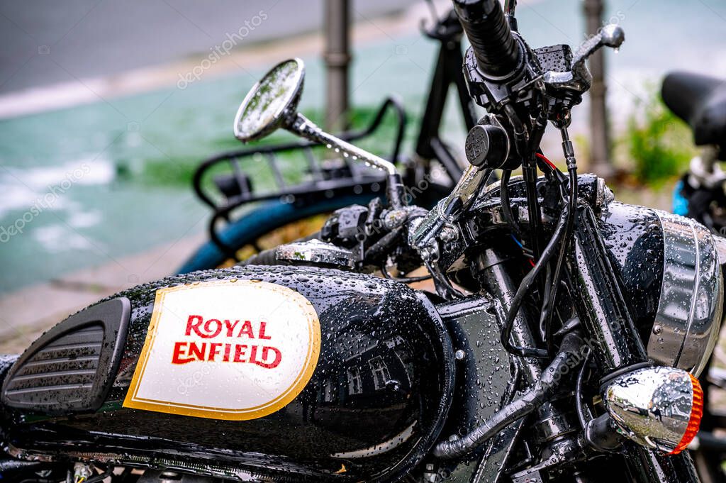 Rome, Italy - April 23 2025: Royal Enfield motorbike. Originally a British motorcycle company, Royal Enfield is an Indian motorcycle manufacturing company