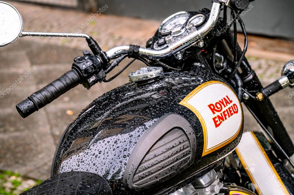 Rome, Italy - April 23 2025: Royal Enfield motorbike. Originally a British motorcycle company, Royal Enfield is an Indian motorcycle manufacturing company