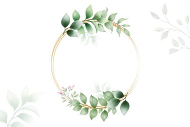 Altın halkalı suluboya yeşil yapraklı çelenk