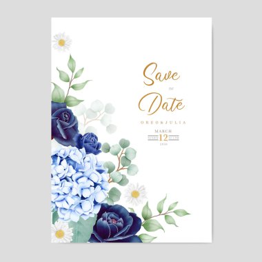 Suluboyalı mavi düğün kartı