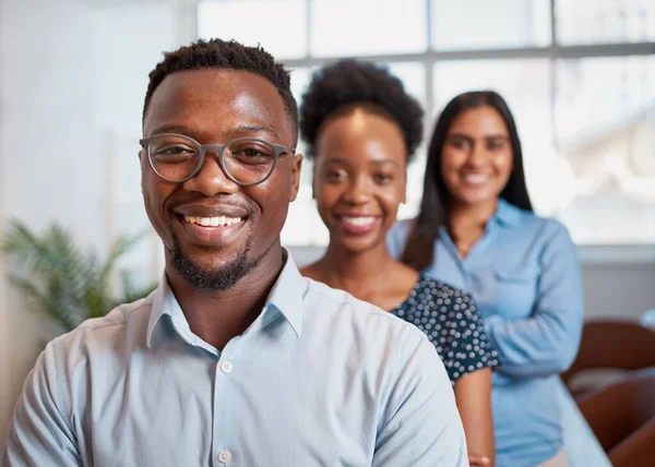 Trio Diverse Business People Lined Portrait Focus Black Man High — Foto Stock