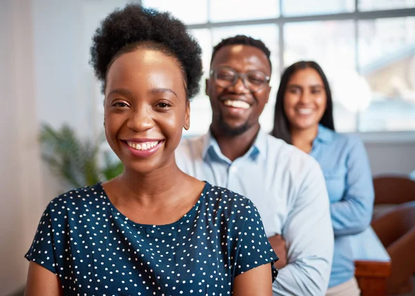 Trio Diverse Business People Lined Portrait Focus Black Woman High — Foto Stock