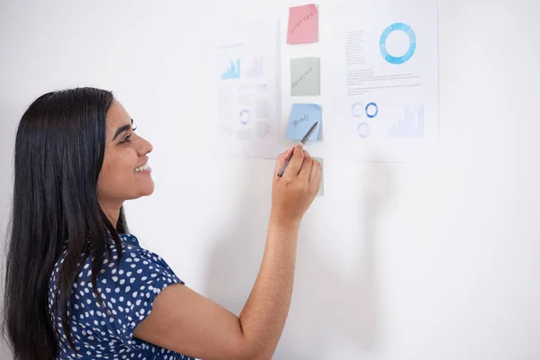 Young Indian business woman stands with graph chart on wall pointing with pen. High quality photo
