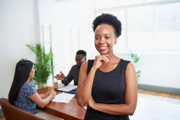 Portrait Smiling Young Black Business Woman Arms Folded Boardroom High — Foto Stock