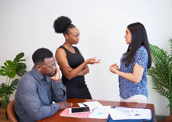 Two Business Women Discuss Standing Casual Office Meeting Coworker High — Stockfoto