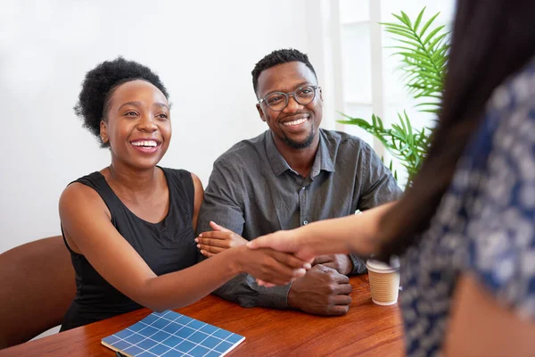 Smiling Black Couple Shake Hands Financial Advisor Lawyer Meeting High — Foto Stock