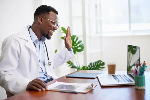 Happy Friendly Doctor Waves Hello Patient Telehealth Call Remote Visit — Photo
