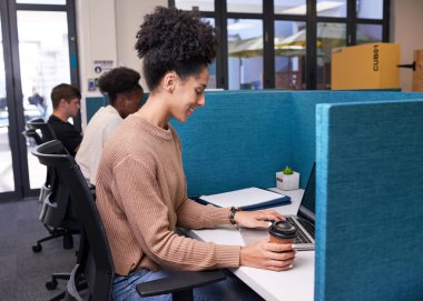 Dizüstü bilgisayarında yazı yazan kıvırcık saçlı, çok ırklı genç bir kadın ortak çalışma alanında. Yüksek kalite fotoğraf