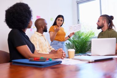 UX ekip üyesi tasarım, mobil uygulama geliştirme, beyin fırtınası toplantısı sunar. Yüksek kalite fotoğraf