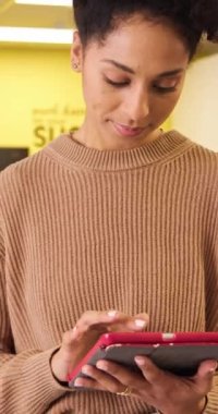 İş yerinde dijital tablet kullanan çok ırklı genç bir kadının portresi. Yüksek kaliteli FullHD görüntüler