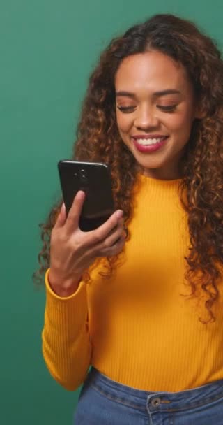 Happy Young Woman Holds Device Chroma Key Screen Green Studio — Stock Video