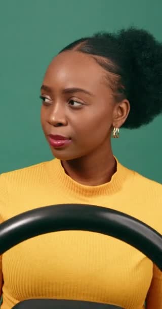 Young Woman Driver Brakes Shock Avoid Accident Green Studio Background — Stock Video