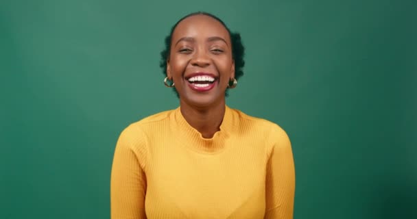 Laughing Young Woman Black Beautiful Green Background Studio High Quality — Stock Video